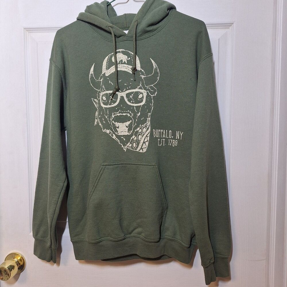Gildan Green Buffalo NY Bull Sunglasses Graphic Hoodie Sweatshirt Grunge Size S